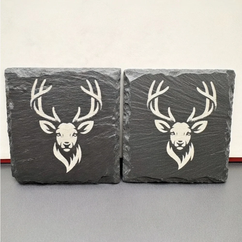 Slate Stag Coasters - Black Deer Slate Drink Coasters (Set‎ of 4) Laser Engraved